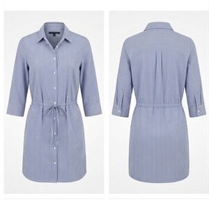 Tommy Hilfiger Womens M Blue White Stripe Shirt Dress Belted Button Front *Read*